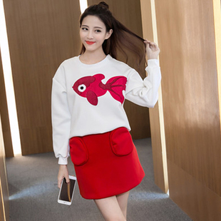 秋季新款2016韩版红金鱼图案时尚套装裙女长袖卫衣半身短裙两件套