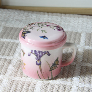 唯美花朵陶瓷茶杯隔杯水杯 粉色田园风办公杯口杯带盖子 女士最爱