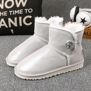 韩版冬季水晶钻扣真皮3352、5854珠光白色雪地靴短筒低筒女鞋短靴