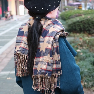 韩版格子星星拼色围巾女披肩两用加厚双面仿羊绒冬季冬天韩国围脖