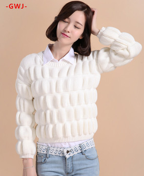 春季新款韩版泡泡女装修身显瘦短款圆领蝙蝠衫纯色针织毛衣外套衫