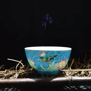 【茗器坊】荷花鸟景德镇 全手工薄胎瓷 扒花扎道花鸟茶杯品茗杯
