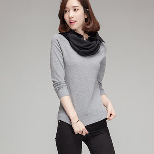 2015秋冬韩版女装衬衫领套头毛衣宽松假两件针织羊毛衫短款打底衫