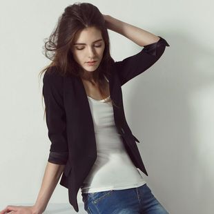 韩版新款2016春秋装黑色修身短款女装小西服一粒扣上衣外套小西装