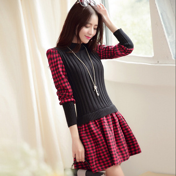 2015秋冬新款时尚女装 韩版加厚格子拼接毛衣假两件套连衣裙