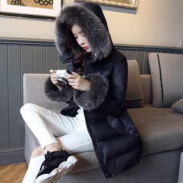 2015冬季新款羽绒服女款黑色中长款真毛领毛袖两穿可卸修身保暖
