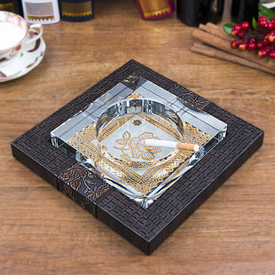 坤福 中式古典皮革水晶烟灰缸 个性创意时尚欧式大号客厅家用玻璃
