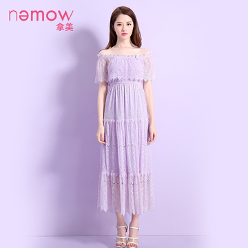 Nemow/拿美南梦2016夏装专柜一字领高腰X型长款蕾丝连衣裙A6K146