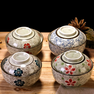 送筷子日式6.5寸大盖碗釉下彩手绘陶瓷 汤碗 蒸碗泡面碗 微波炉碗