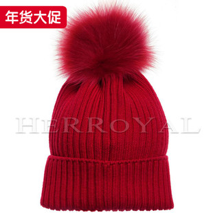 HERROYAL 奢华狐狸毛球帽全羊毛冬款女童新年春节帽儿童头罩亲子