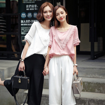 2016夏新款女  韩版时尚个性气质流苏棉麻短袖T恤女 甜美淑女气质