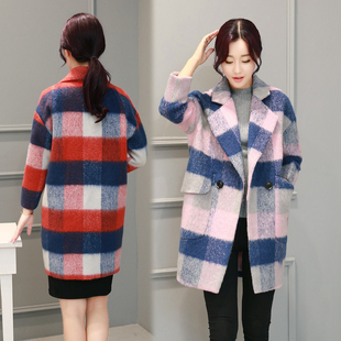2016秋冬季新款女装韩版格子毛呢外套中长款宽松大码羊毛呢子大衣