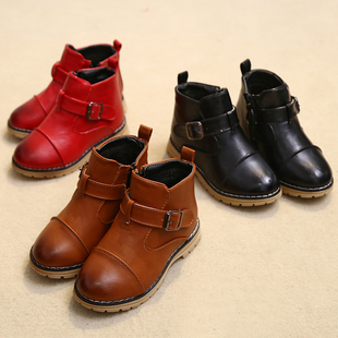 2015冬季新款儿童鞋子韩版女童及裸靴加绒低筒短靴男童马丁靴皮鞋