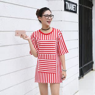 2016夏季新款实拍学院风交叉纹路竖条红白五分袖宽松长T恤上衣女
