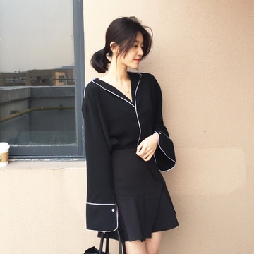 2016秋装新款韩版睡衣款宽松显瘦大V领长袖衬衫气质雪纺衬衣女潮