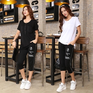 2016夏季韩版大码短袖T恤女休闲套装七分裤运动裤胖mm修身两件套