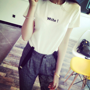 2015夏季新款韩版简约字母白色女士短袖汗衫体恤衫 棉T恤女潮上衣