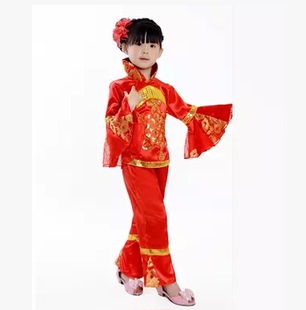 新款儿童六一演出服女童秧歌舞蹈服装少儿表演服饰民族风红色长袖
