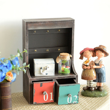 zakka新款 复古做旧木质2抽钥匙盒 木质收纳盒 创意家居装饰日用