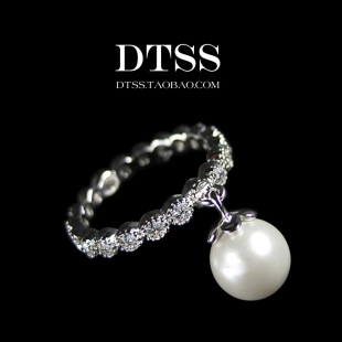 DTSS韩版时尚纯银925满钻排钻微镶锆石戒指女珍珠吊坠指环潮饰品