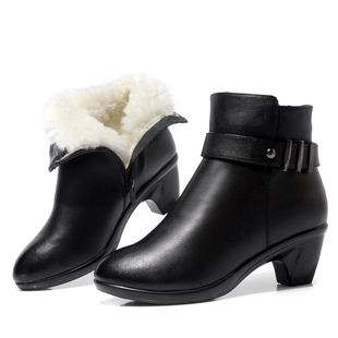 冬季妈妈鞋棉鞋中老年加厚羊毛棉靴子真皮中跟粗跟保暖皮鞋女短靴