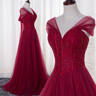 宴会晚礼服2015新款冬季敬酒服长款韩式一字肩抹胸酒红色仙美长裙