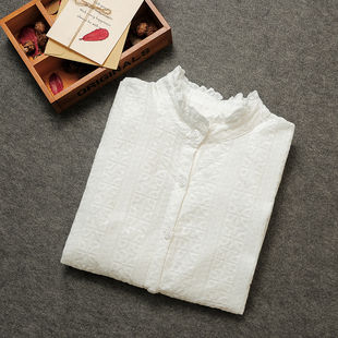 2015秋季新款 韩国立领宽松纯棉长袖高腰中长款白衬衫女衬衣 显瘦