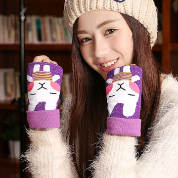 韩版针织加厚保暖冬季兔子印花露指手套办公打字半指手套女