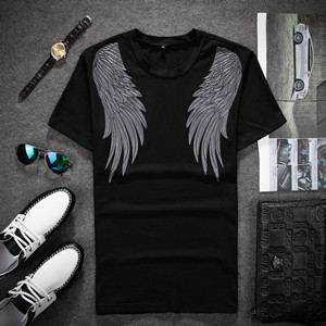 2015刺绣翅膀男士短袖T恤圆领韩版奥黛尔棉黑色