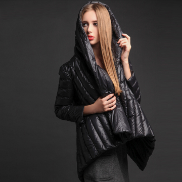 迷失原创2015新冬装欧美时尚黑色不规则保暖斗篷连帽羽绒服女中长