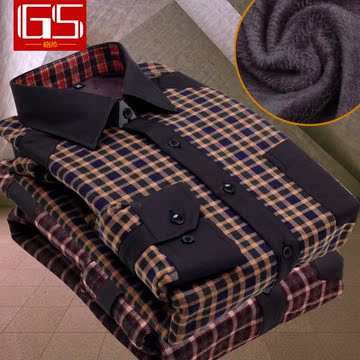 冬季必备款GS男士保暖衬衫 加绒加厚格子休闲衬衣韩版潮格子磨毛