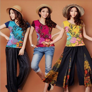 2015夏装新款韩版女装修身显瘦苗条上衣短袖t恤女民族风印花t恤女