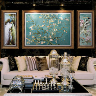 梵高油画杏花 客厅装饰画三联现代田园植物挂画卧室餐厅沙发背景