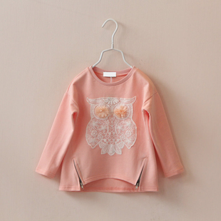 2015春新款童装 女童纯棉 蕾丝花朵猫头鹰套头卫衣 休闲上衣 T恤
