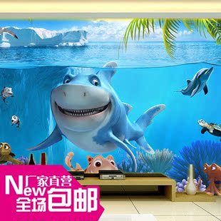 3D逼真海底世界壁纸沙发背景墙儿童房可爱海洋鲨鱼墙纸无纺布壁画