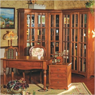 塞尔玛美西红枫纯实木家具 转角组合书柜 书桌 定制书柜