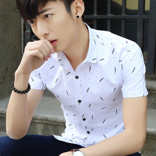 夏季男短袖衬衫男装韩版学生流行修身休闲免烫青少年纯棉印花衬衣