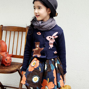 儿童套装2015秋冬新品女童长袖针织开衫加碎花半身裙2件套包邮