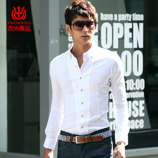 新款男士长袖衬衣韩版修身商务休闲职业纯色白领职业衬衫男正品潮