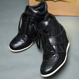 2015秋季ash隐形内增高女鞋 真皮系带式高帮鞋黑色休闲鞋运动鞋