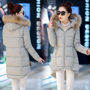 2015冬装新款棉衣女韩版时尚中长款修身毛领带帽加厚羽绒棉服外套