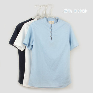 原创时尚休闲男短袖夏季纯色棉麻衬衫修身潮流个性衬衣白蓝色