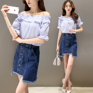 2016韩版新款夏季套装T恤配牛仔裙荷叶边排扣流苏裤两件套女装潮