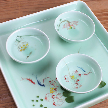 新款手绘陶瓷茶杯手工绘画杯龙泉青瓷茶具品茗杯荷花茶碗杯子包邮