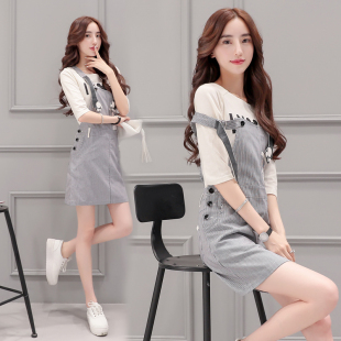 2016秋装新款韩版时尚女装两件套 七分袖字母T恤+条纹背带一步裙