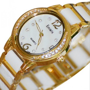 手表女时尚陶瓷水钻石英表女士手表 防水双显日历女腕表时装表