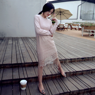 EVONANN2015新款秋装韩版女装下摆流苏宽松版秋冬季针织连衣裙