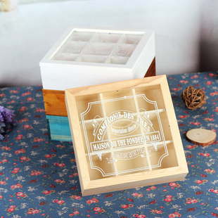 zakka杂货九格玻璃桌面木质收纳盒实木做旧木盒储物盒 首饰盒