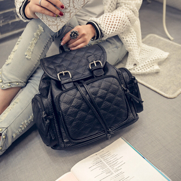 韩版秋新款学院风潮流女士包休闲菱格双肩包女时尚抽带旅行小背包