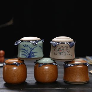 陶瓷茶叶罐 小号醒茶罐 迷你储药罐岩泥手绘粗陶茶叶罐 旅行包装